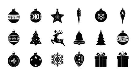 Black christmas icons set including ornaments tree reindeer bell gifts snowflakes on white background © Kamola