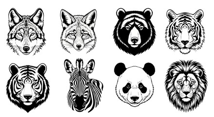Detailed black and white animal head illustrations featuring wolf fox bear tiger zebra panda and lion faces © Kamola