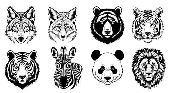Detailed black and white animal head illustrations featuring wolf fox bear tiger zebra panda and lion faces