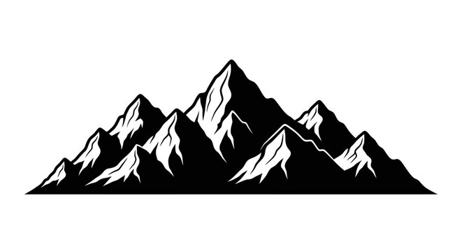 Snowy mountain range silhouette with sharp peaks and white highlights on a plain background