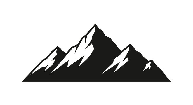 Black silhouette of a mountain range with snow capped peaks on a white background
