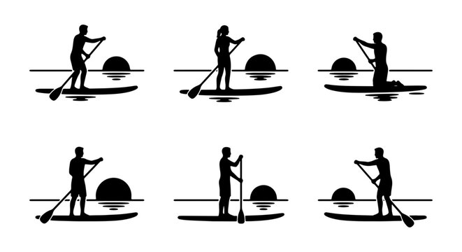 Stand Up Paddleboard Silhouettes, Water Sports Action Poses, Summer Recreation Vector Set