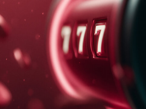 A close-up of a slot machine showing triple 7s against a blurred red background, symbolizing luck and jackpot wins.