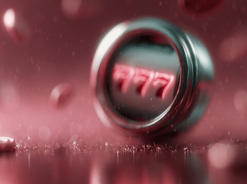 A close-up of a slot machine showing triple 7s against a blurred red background, symbolizing luck and jackpot wins.