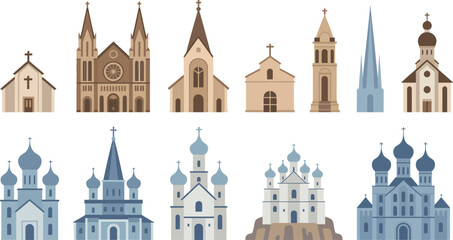 Church icons, flat vector cathedrals Christian architecture domes towers crosses and building silhouettes for religious and cultural design use © Neal Bailey