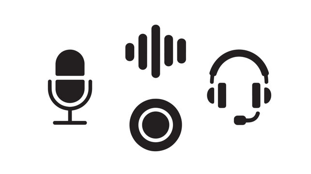 Audio Icons Set with Microphone Sound Wave Headset Symbols for Podcast Recording and Broadcasting
