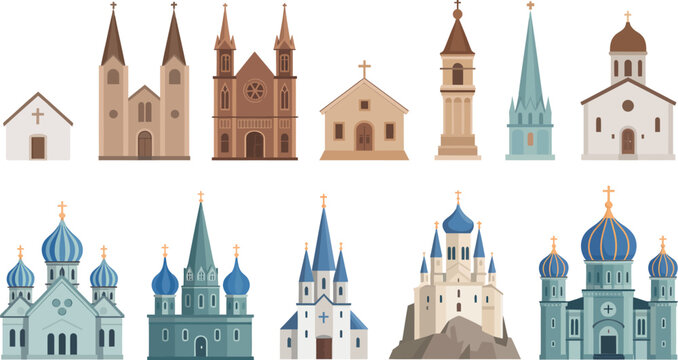 Church icons, vector cathedrals Christian architecture with domes towers crosses and diverse building silhouettes for religious and design projects