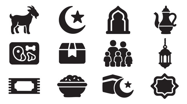 Black icons for ramadan and eid al adha including mosque goat lantern and food symbols on white background