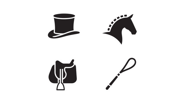 Equestrian icons set top hat horse head saddle whip horse riding accessories isolated on white