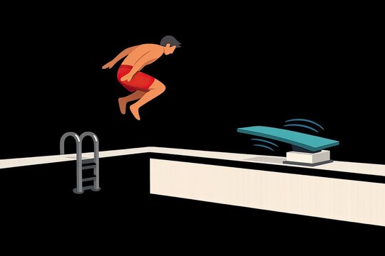 A person diving from a high dive board into a swimming pool