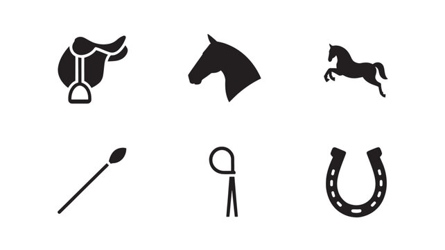 Equestrian horse riding equipment icons set saddle stirrup whip horseshoe minimal vector silhouette white background