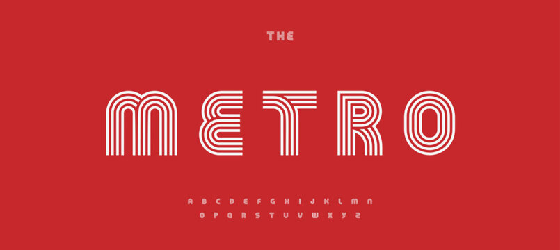Striped retro alphabet, linear geometric pattern letters design, outline bauhaus font for modern headlines, creative designs, retro posters, branding, and stylish logos. Vector font typeset