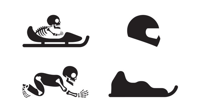 Skeleton Riding Sled Silhouette &ndash; Halloween Winter Sports Icon Set Isolated on White Background