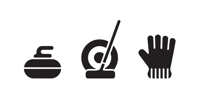 Curling Sport Icons Set: Winter Olympic Ice Curling Stone, Broom & Competition Gear Vector Pack