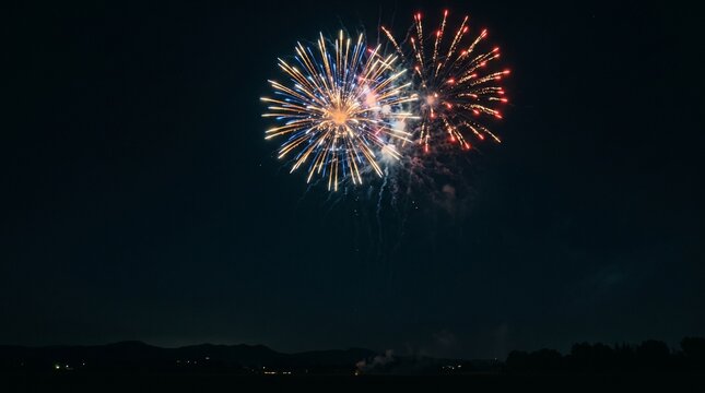 Colorful fireworks exploding in the night sky over a dark landscape with distant lights