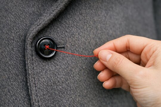 A person is holding a red string in their lapel, suitable for use in illustrations about unity, connection, or love