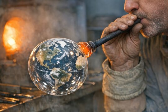 A person blows glass using a blow pipe and hand-held tools, creating a molten glass shape