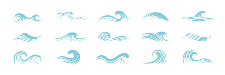 Naklejka premium Blue Waves Icon Set with Ocean Water Illustration Symbols for Branding and Creative Design Projects