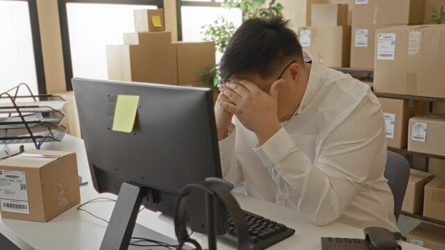 Plus size chinese man at desk holding head with hands beside computer and stacked parcels in a packing area inside a building; small business overwhelmed.