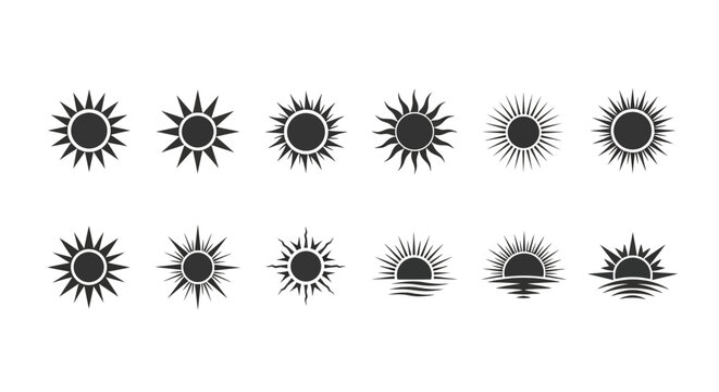 Sun icons, black sunburst symbols, solar logos, eclipse graphics, vector illustrations
