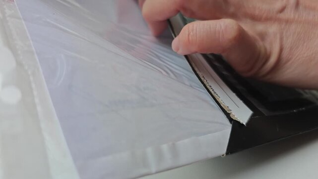Hand removing documents from a package, revealing contents while adjusting the protective cover, showcasing a clear progression of the unboxing process on a clean surface