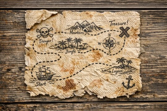 A treasure map drawn on a piece of paper, suitable for use in illustrations about pirates, adventure and exploration