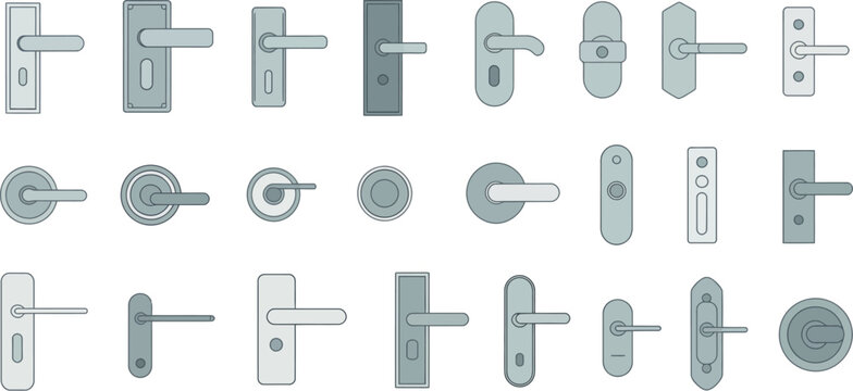 Door handles vector set, contemporary metal hardware designs flat style for interior fixtures modern home and office design use