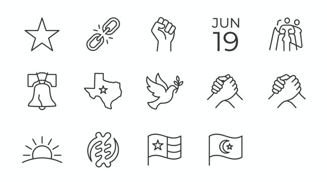 Juneteenth celebration icons set emancipation symbols freedom and unity graphics