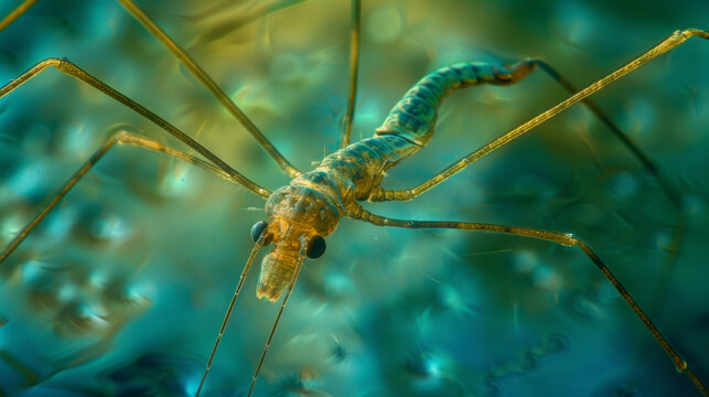A magnified view of a water strider gliding effortlessly on a still pond. The microscopic hairs on its legs and body create air pockets allowing it to walk on water without
