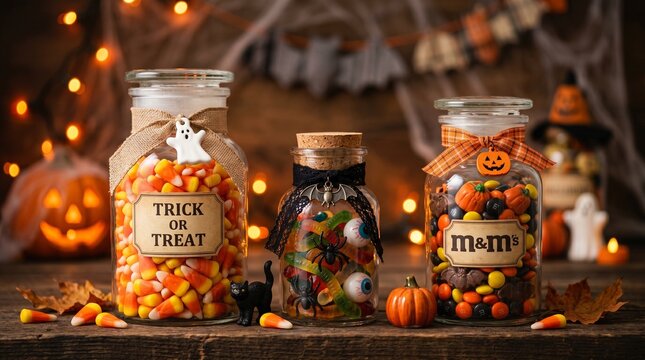 Festive halloween food candy jars with corn candy gummy treats and m m's
