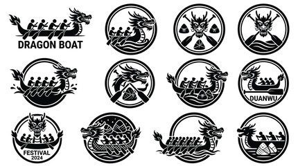 Dragon boat festival logos and icons black and white vector graphics © Somiran