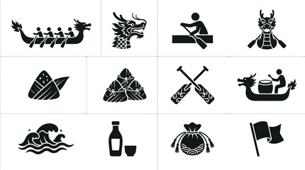Dragon boat festival icons including dragon boat sushi sake and cultural symbols in black silhouette on white background © Somiran