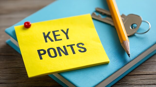 Close-up of a notepad, post-it, key, and pencil on a wooden surface