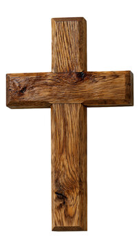 A rustic dark stained timber cross showing a natural textured wood grain and straight perpendicular beams.