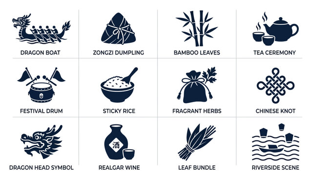 Dragon boat festival icons set chinese traditional symbols zongzi tea ceremony sticky rice cultural elements
