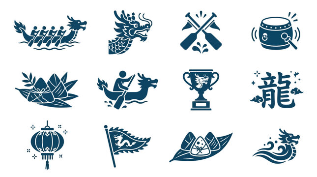 Dragon boat festival icons set including dragon boat oars drum and traditional symbols