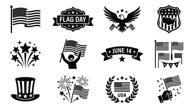 American flag day icons set with patriotic symbols and graphics for june 14th celebration