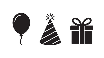 Obraz premium Birthday Icons Black Balloon Party Hat Gift Box Vector Set Isolated on White Background