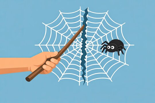 A person holds a stick with a spider perched on top, suitable for use in images about nature, fantasy or Halloween themes