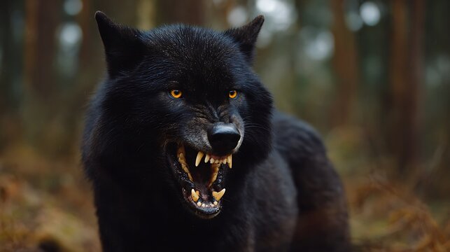 Close-up of a snarling black wolf with piercing yellow eyes in a blurred forest setting