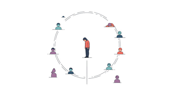 Sad person standing alone in the center of a circle of indifferent people, representing loneliness and social isolation.