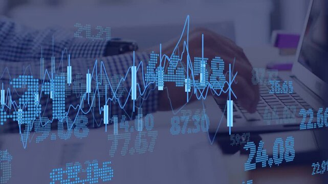 Analyst typing on laptop, finance tickers and candles spiking over keys, driving trade tracking