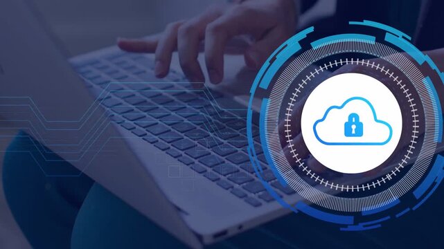 Woman typing on laptop, causing circular HUD with cloud padlock appearing and visualizing security