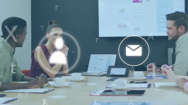 Woman speaking in business, team jotting, icons appearing over scene showing phone mail then fading