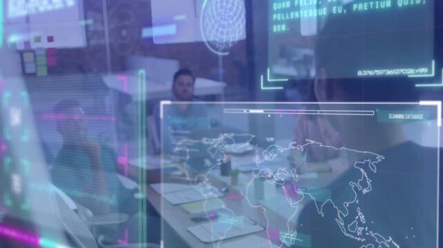 Presenter gesturing at glass display, team leaning in, map HUD shifting, highlighting business data