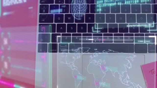 Neon UI lighting up, laptop trackpad mapping, selector sliding, sticky note revealing tasks