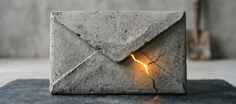Concrete envelope model with glowing orange light emerging from central crack on dark stone surface texture representing hidden secrets or broken message theme.
