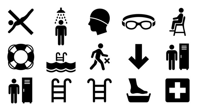 Swimming Pool Facility and Safety Sign Silhouette Icons Set