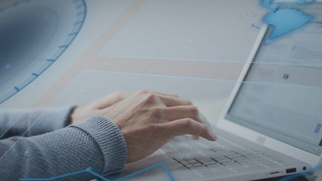 Adult male hands typing on laptop first key press initiating dial map chart overlays updating tech