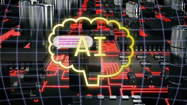 Chat bubbles sliding in, neon AI brain filling with binary digits, showing active data processing